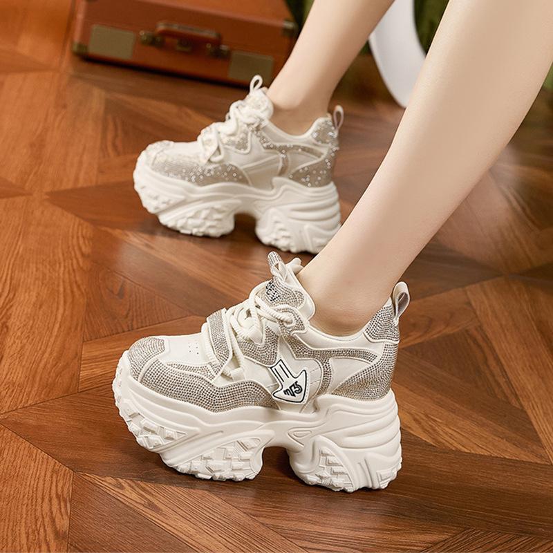 Thick-soled Dad Shoes Women's Spring 2025 New Rhinestone Inner Height-increasing Women's Shoes Fashionable Versatile Sports and Leisure Shoes