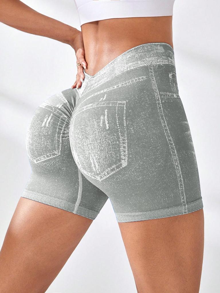 Imitation Denim Seamless Yoga Shorts for Women, Rear V Waist Hip Lift Quick-drying Tight Running Fitness Shorts