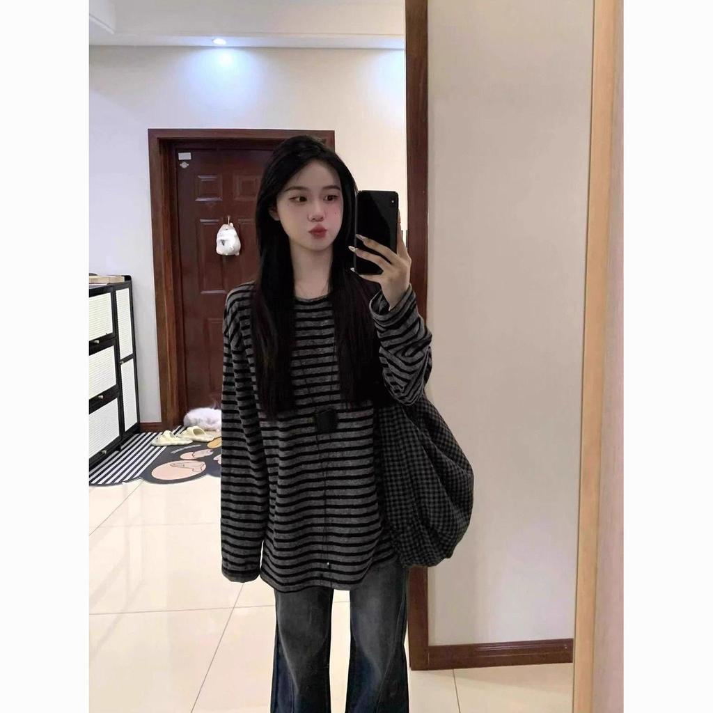 Women's Retro Black & Gray Striped Long-Sleeve T-Shirt - Korean Style, Loose Fit, Early Autumn Collection