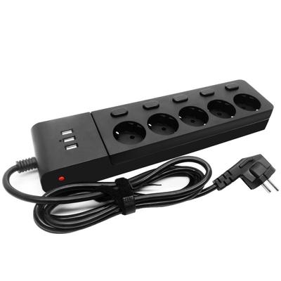 EU Power Strip 2500W Surge Protection EU Plug 3USB 5 Way Outlets 5 Switch Electrical Extension Sockets 2m Cord