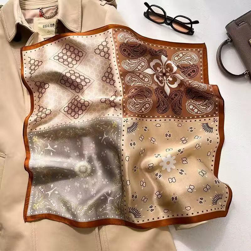 70x70cm Lightweight Cotton Silk Square Scarf With Boho Floral Print Breathable Neck Wrap Women