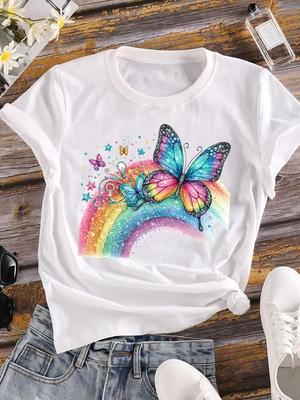 (Asian Size) Short Sleeve T Shirt Women Rainbow Trend Tee Top Clothing Casual Flower Fashion Print Lady Female Graphic T-shirt