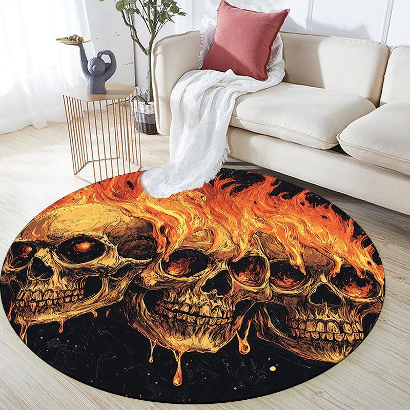 Flaming Skull,Round Area Rug,Carpet Rug for Living Room Bedroom Sofa Playroom Decor,Non-slip Floor Mat