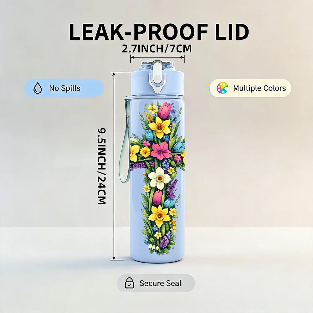 1PC Cross Flower Religious Decor Print 750ml Color Plastic Sports Water Bottle Leakproof Flip Straw Lid Suitable for Sports Office Home Use