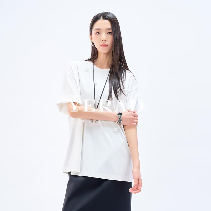 

YERAD Women s 3D Floral Acetate Silk Relaxed Fit T-Shirt S
