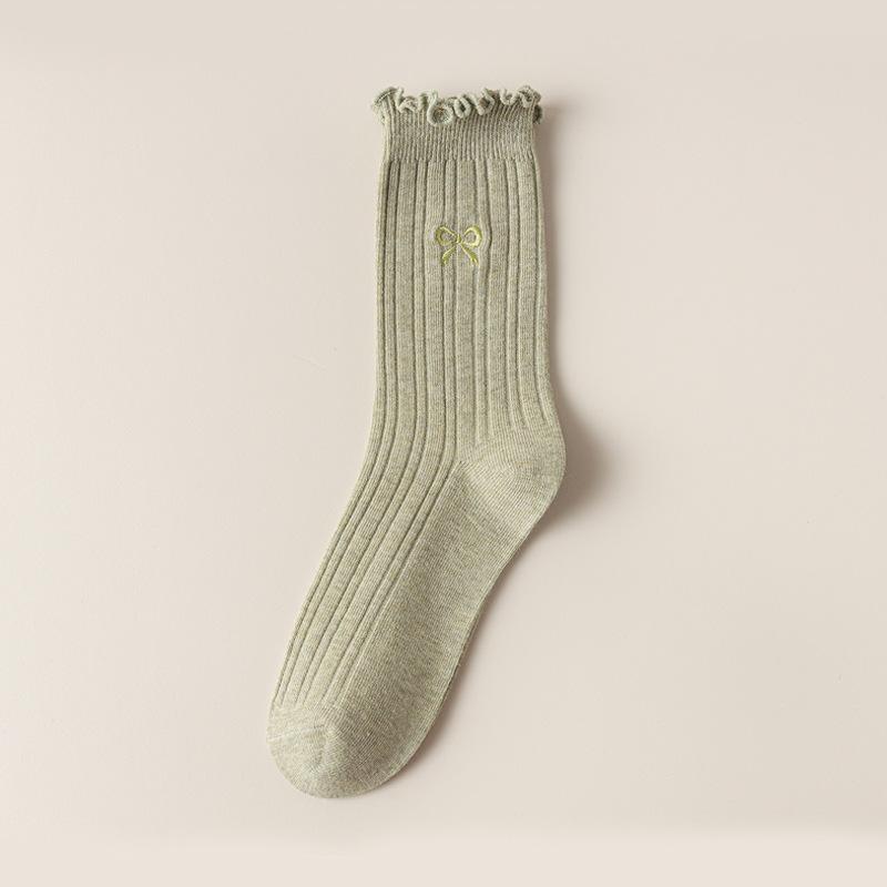 Female Spring and Autumn Embroidery Bow Wooden Ear Edge Boneless Drum Pile Pile Cotton Socks