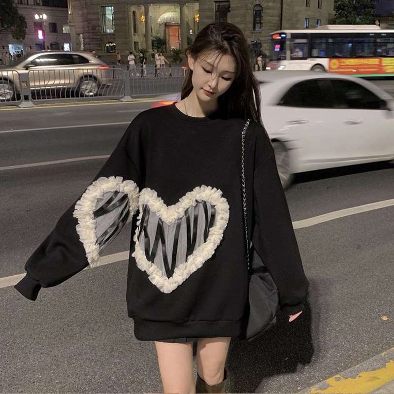 Women Korean Style Casual 3D Mesh Splicing Hoodie Heart Round Neck Long Sleeve Loose Pullover Sweatshirts Autumn Tops