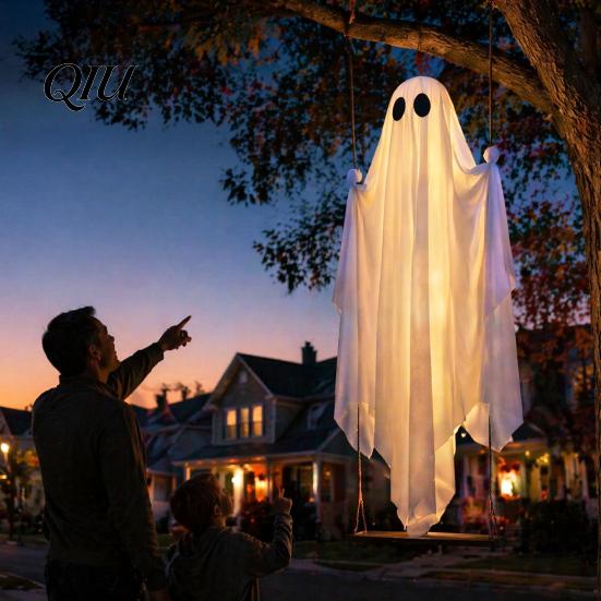 Halloween Tree Hanging Swinging Ghost Decoration, LED Light Up Large Spooky Outdoor Party Decorations with Remote Control for Outside Garden