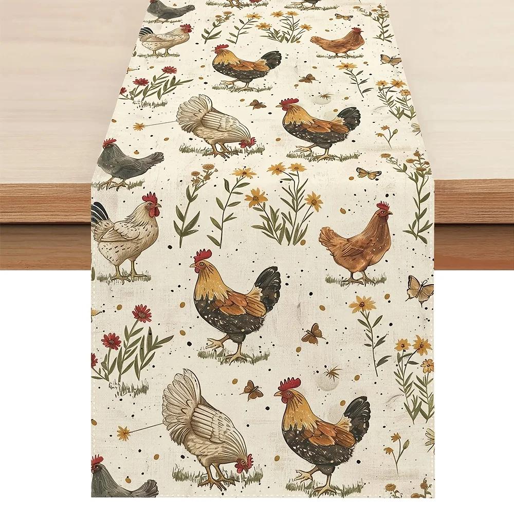 Farmhouse Kitchen Dining Table Linen Table Runner Dresser Scarf with Rooster Hen Wildflower Butterfly Design Party Decor