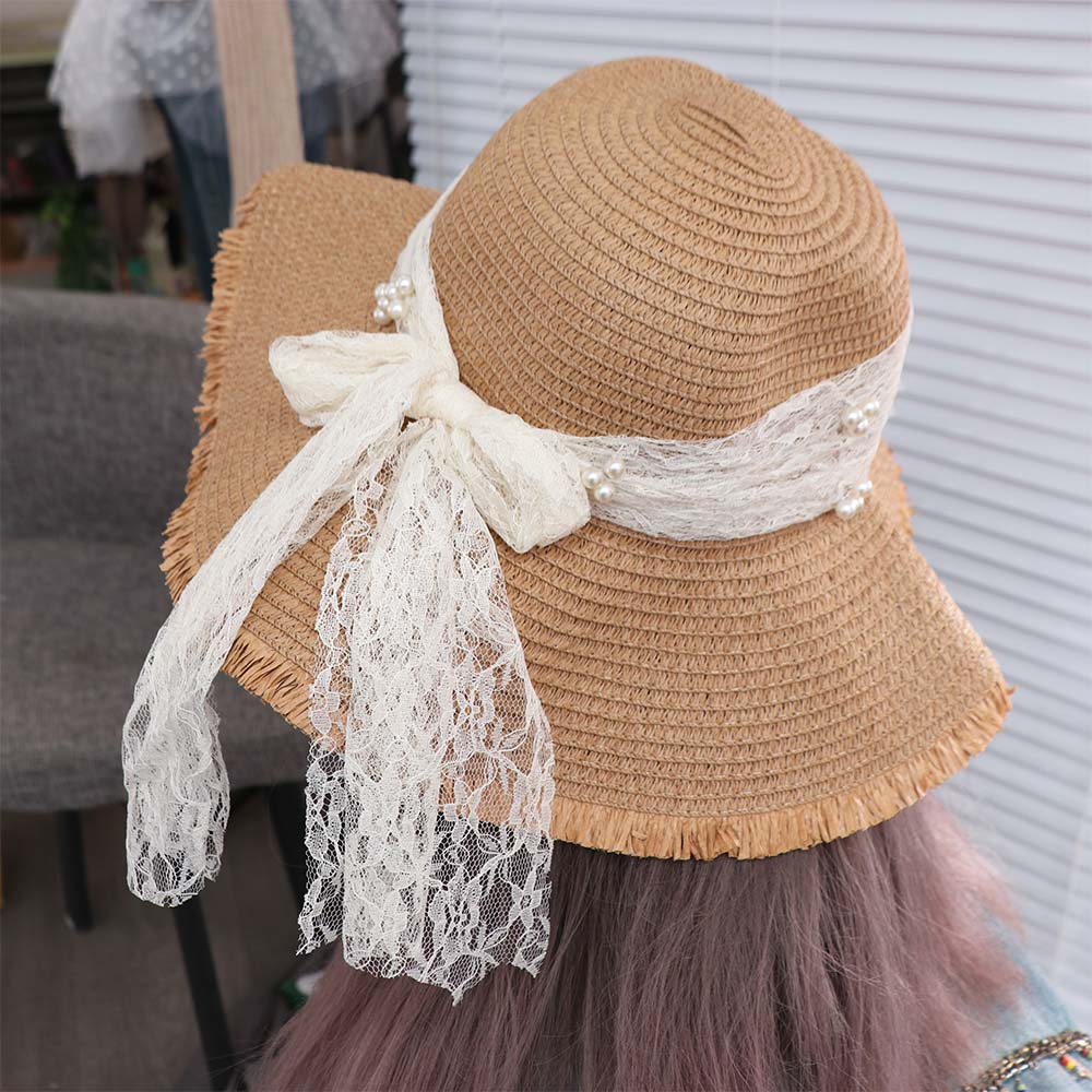 Spring Summer Lace Pearls Straw Hat French Style Women's Sun Hat Bow Ribbon Straw Hat Girls
