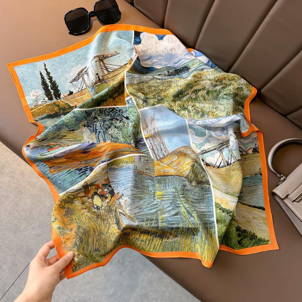 Retro Old Money Wind Silk Double Crepe Silk Scarf Women's Spring and Summer Senior Sense Versatile 100% Mulberry Silk Square Scarf Thin Scarf