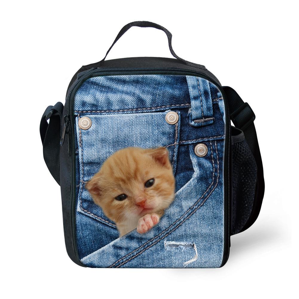 Classic Crossbody Denim pocket Cute Cat Dog Lunchbox Thermal insulation Food Lunch Bag 3D Printed Insulated Handbags Ice Bags