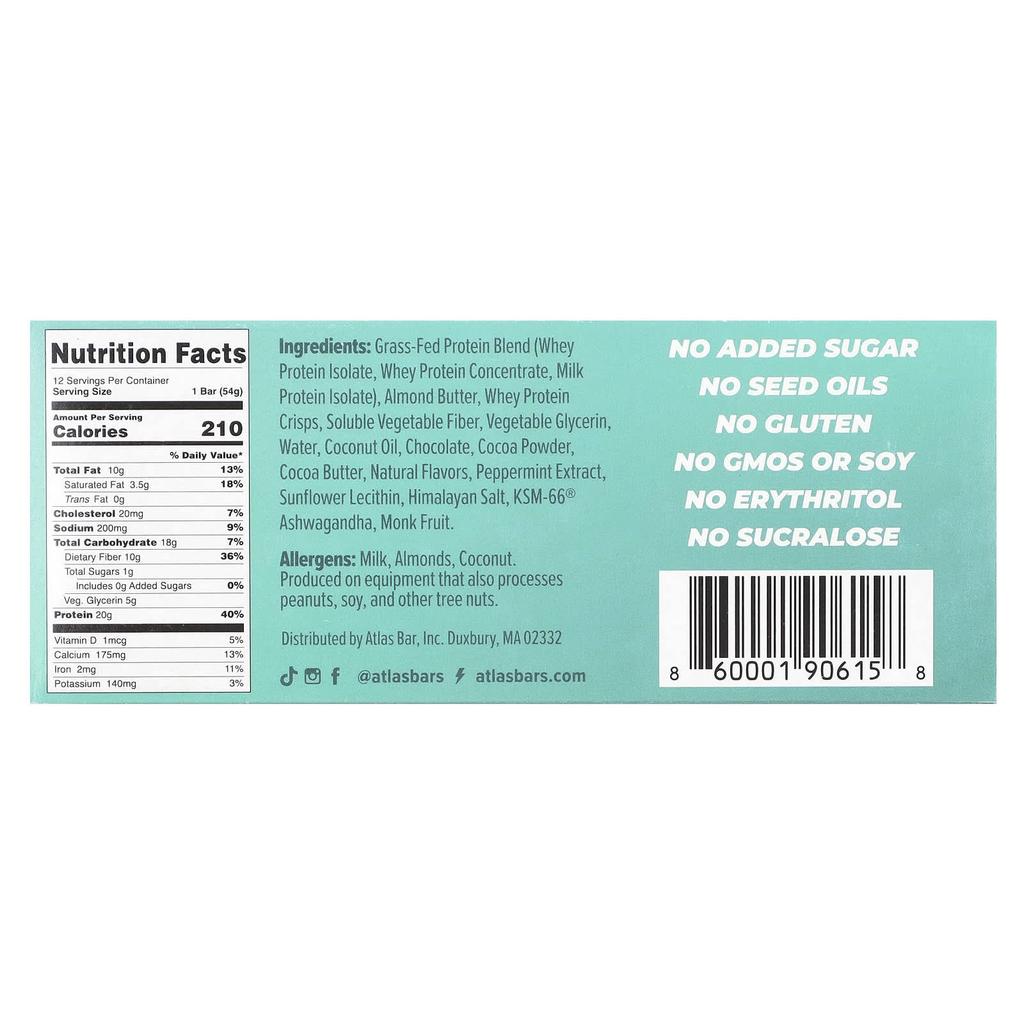 Atlas Bar, Grass-fed Whey Protein Bar, Mint Chocolate Chip, 12 Bars, 1.9 oz (54 g) Each