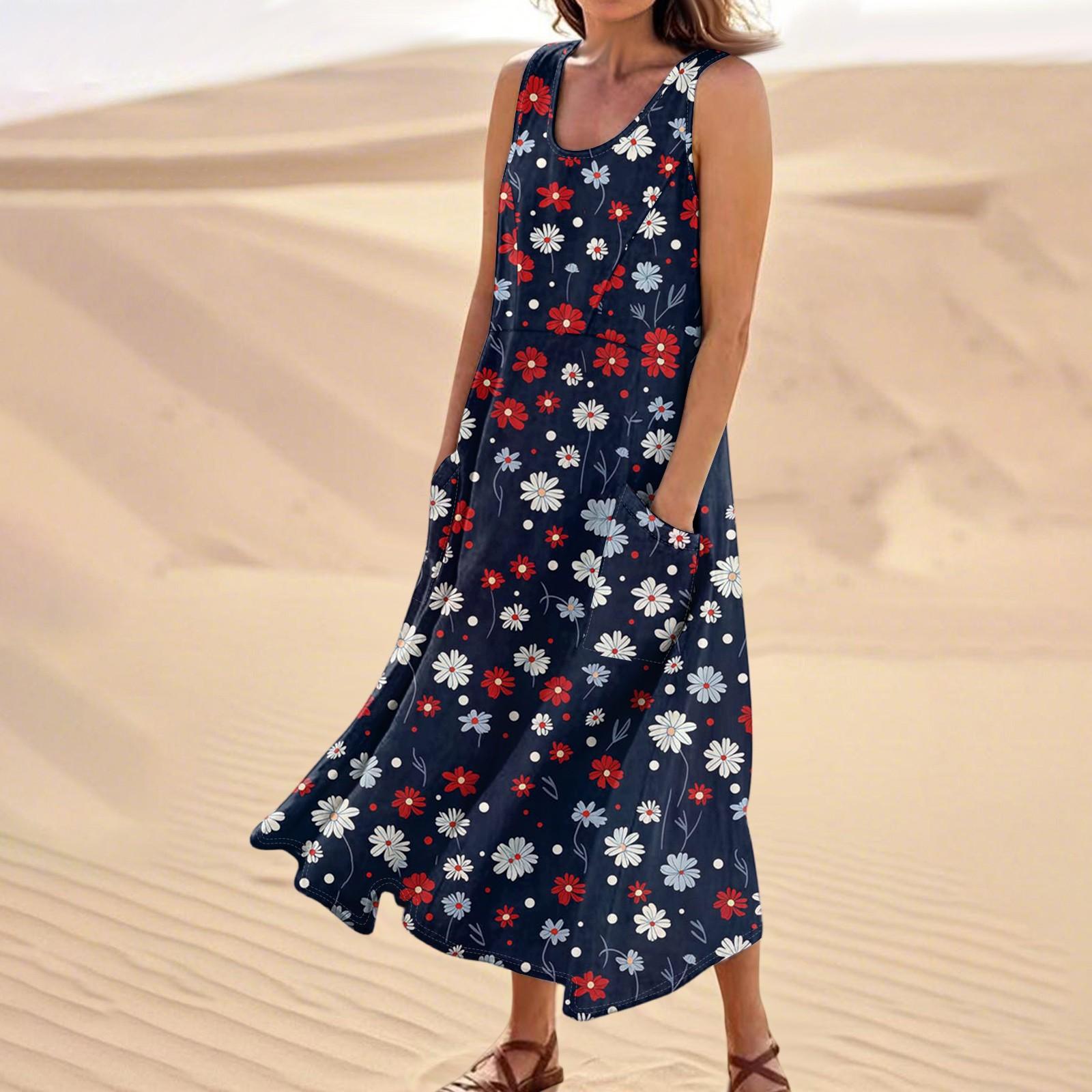 Women s Summer Casual Fashion Flower Printed Sleeveless  Pocket Dress S чёрный