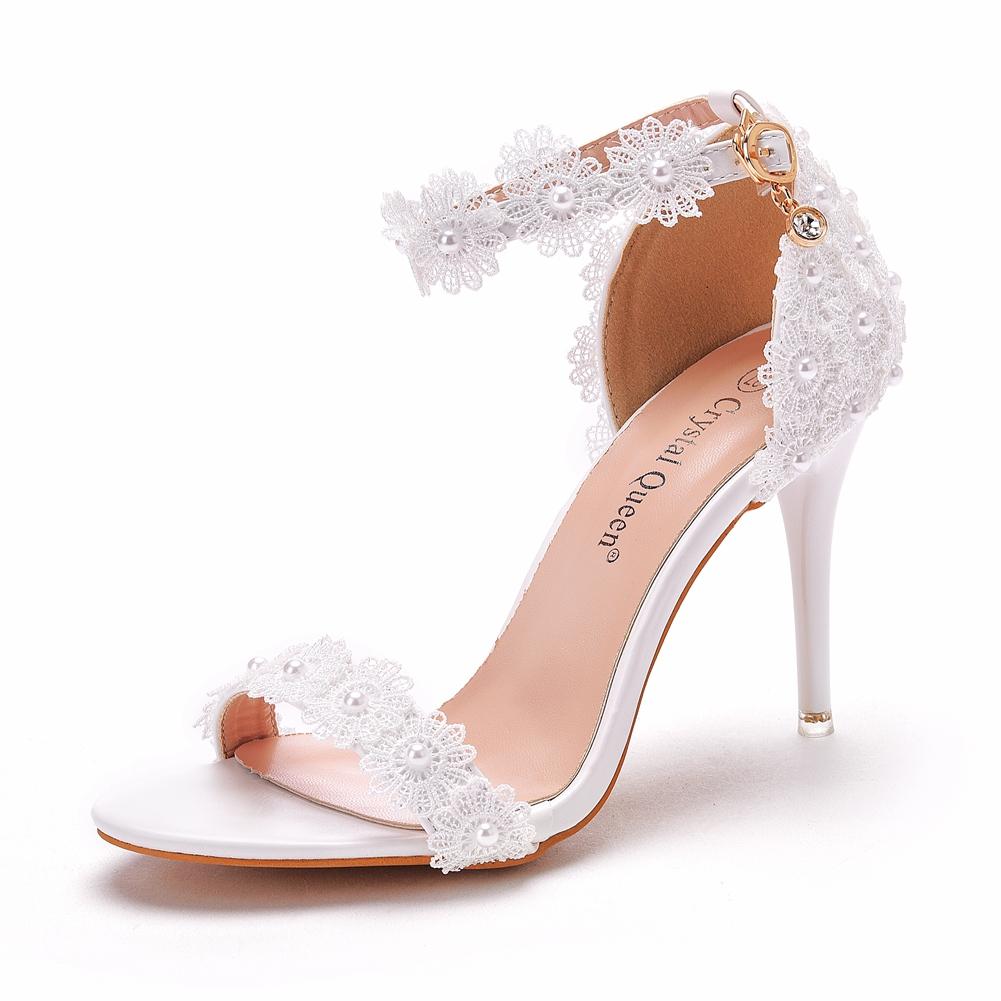 Crystal Queen Women Pearl Lace Wedding Shoes Thin High Heels White Bridal Sandals Summer Strap Ankle Sexy Party Dress
