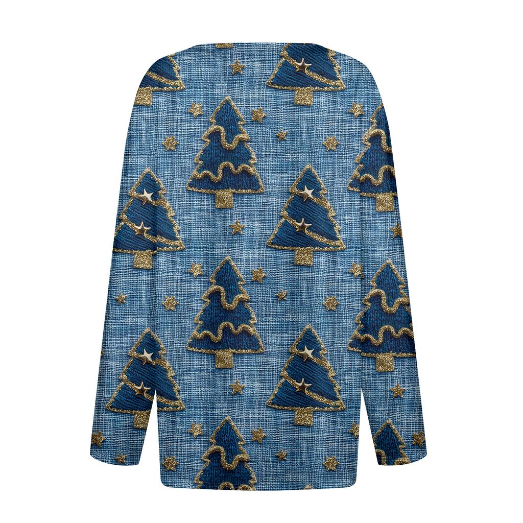 Women's Fashion Casual V-Neck Button-Up Long-Sleeve T-Shirt With Christmas Print Top
