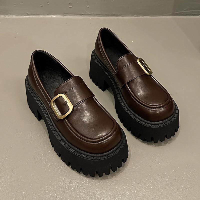 

Женские туфли из натуральной кожи в британском стиле 2024 года, новые туфли на толстом каблуке, платформе, с пряжкой на ремне и юбкой 39