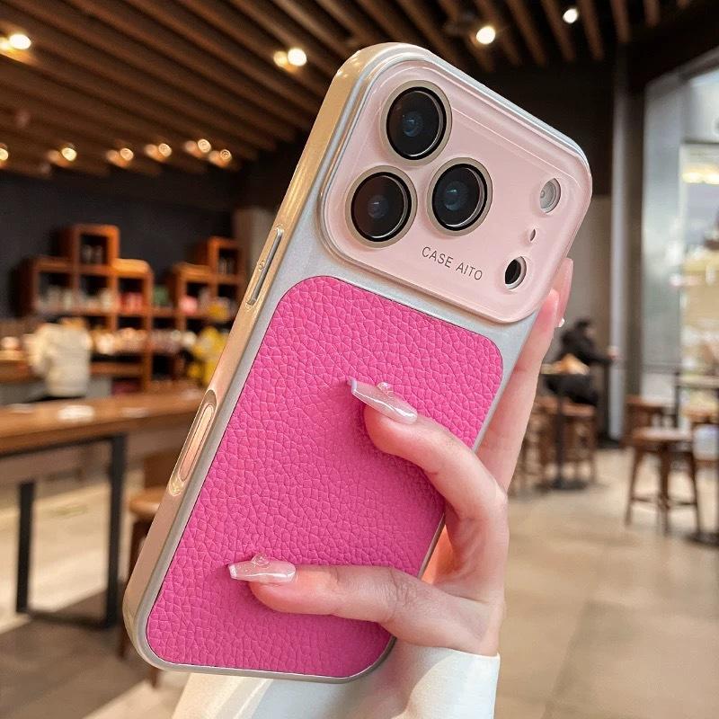 Applicable To iPhone17PRO Lens Large Window Lychee Leather Pattern Mobile Phone Case Apple 15 Business Case Lychee Pattern