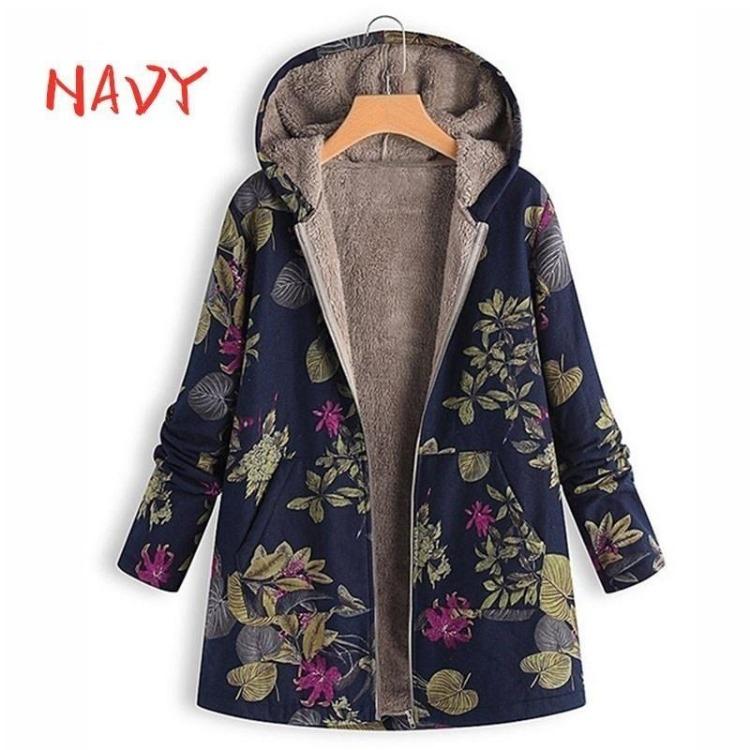 

Women Coat Hooded Vintage Floral Wool Thermal Jacket Zipper Casual Top Fashion Outerwear Winter Style Warm 5XL