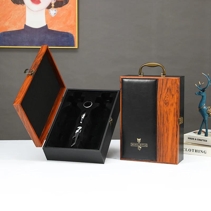 Single/Double Leather Box Wine Bottle Box Luxury Handle Wooden Organizer Gift Wood Wine Holder for 2 Red Wine Packaging