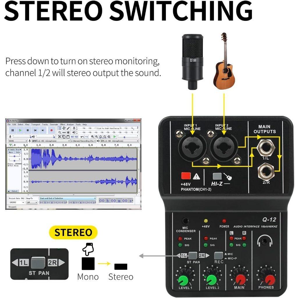 Portable Audio Interface Professional Mini External Sound Card Mixer 48V Computer Guitar Studio Dual Channel Audio Device