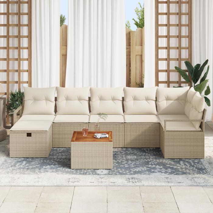 Ensemble de Canapé de Jardin 8 Pièces avec Coussins Beige Rattan Poly, Canapé de Jardin 2 Places avec Rangement et Coussins 3360879