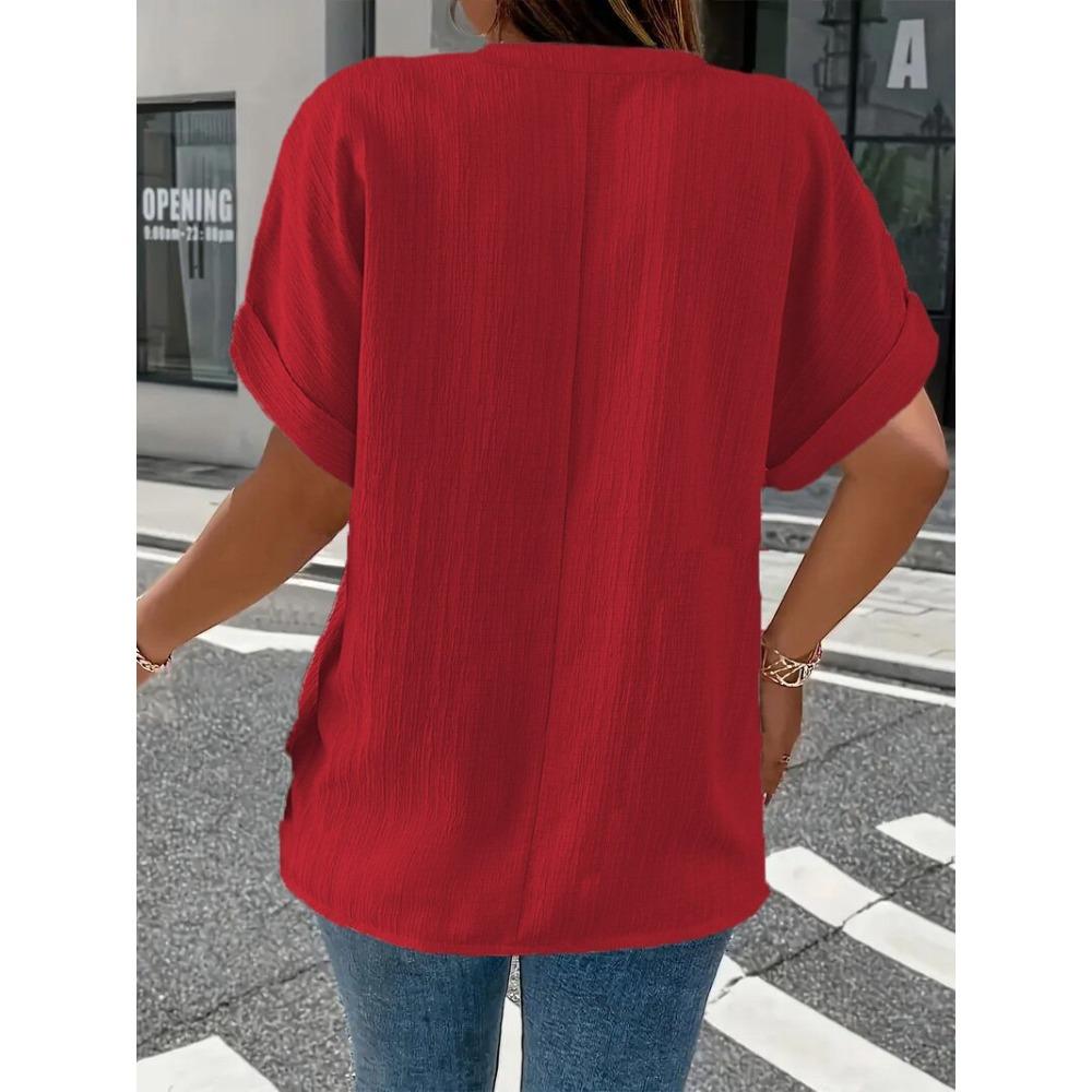Spring and Summer Women's Fashion Casual Solid Color Button V-neck T-shirt for Women