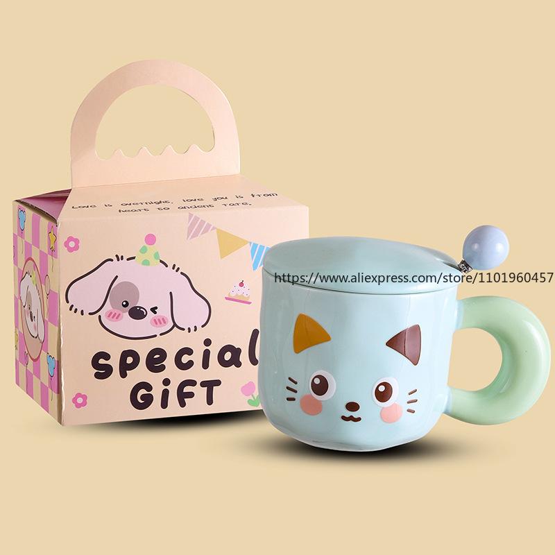 Cute Kitten Mug with Lid, Ceramic Water Cup, Cartoon Birthday Gift, High-value Appearance, Meaningful Present