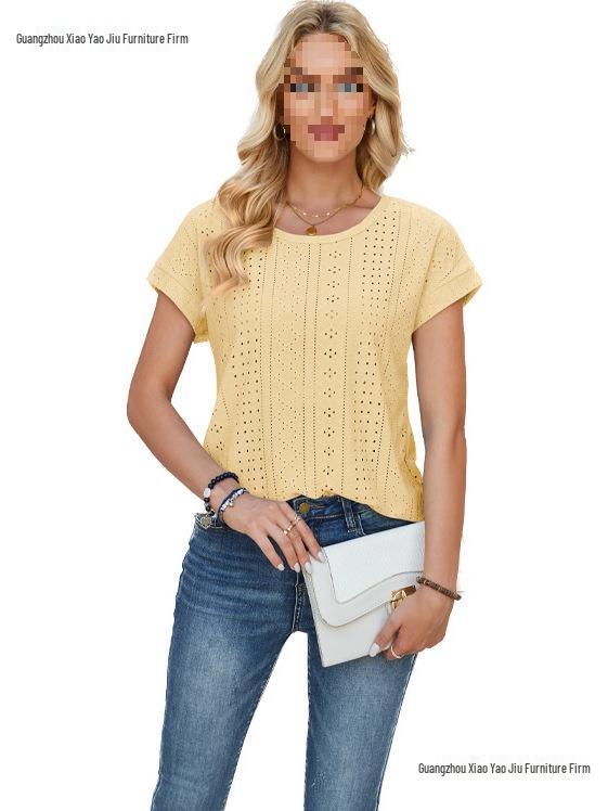 Spring & Summer Women's Loose Round Neck Eyelet Lace T-shirt