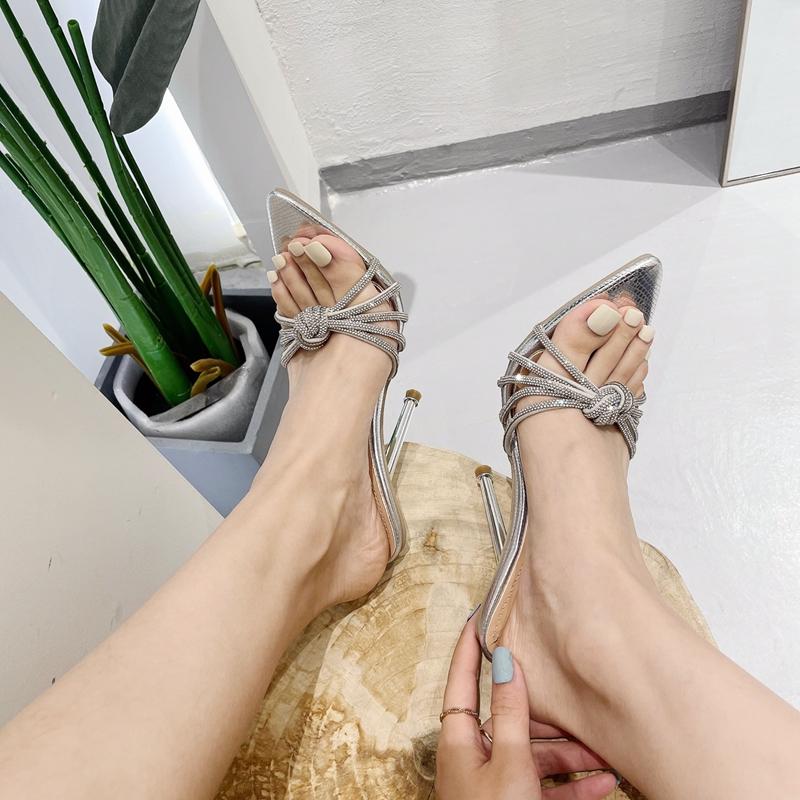 Eilyken New Summer Women's Slippers Crystal Rhinestone Pointed Toe High Heel Slide Shoes Fashion Party Prom Sandals