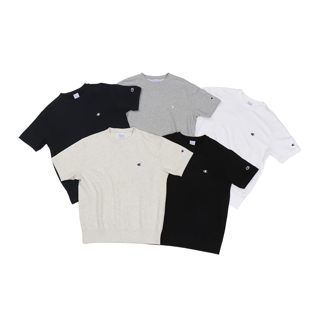 Champion Basic Short Sleeve Crew Neck Sweatshirt with Fleece Lining and Size S Men's One-Point Logo, White, (C3-Z020)