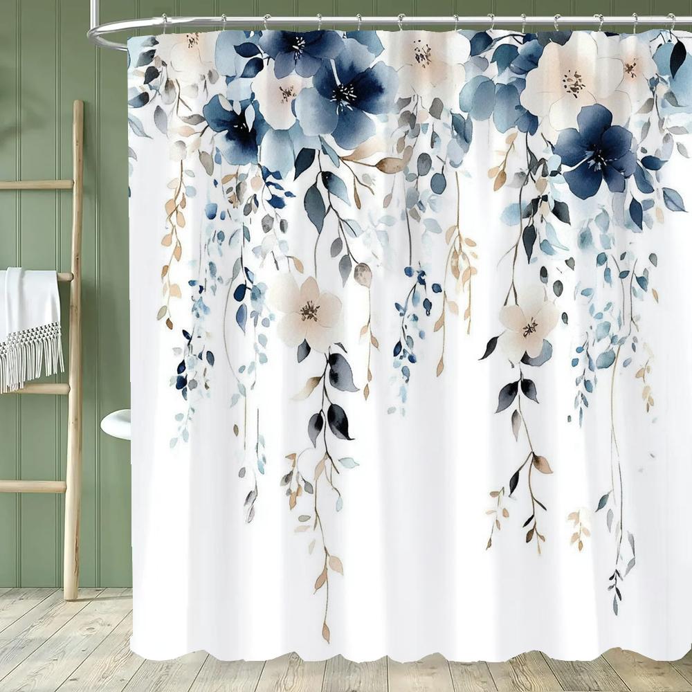 Watercolor Bohemian Floral Shower Curtain, Blue Floral, Waterproof Bathroom Curtain, Decorative Fabric Home Curtain With Hooks