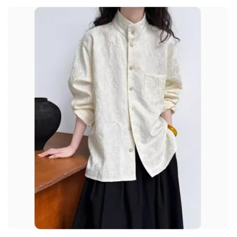 Women New Chinese Style Stand Collar Long Sleeve Button Down Shirt M белый