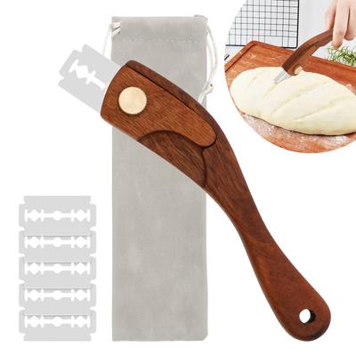 1 Ensemble Cutter à Pain Courbé à Manche en Bois Cutter à Pain Européen Baguette Couteau à Pâte en Acier Inoxydable Outil de Boulangerie Pâtisserie