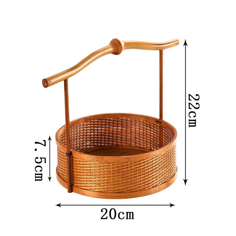 Gongzhu Portable Round Basket Handmade Bamboo Braided Basket Large Lacquer Tea Set Storage Basket Fruit Basket Bamboo Basket Retro Dim Sum Basket