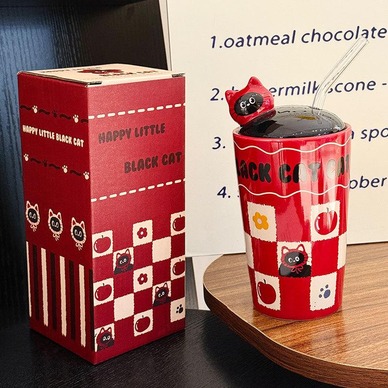 Мультяшный Счастливый Котёнок Керамическая Кружка-Соломинка Детская Бытовая Кружка с Крышкой Девичье Сердце Персонализированный Подарок Сувенир 450ml