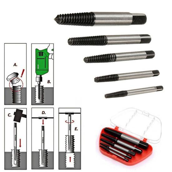 5Pcs Screw Extractor Drill Bits Guide Broken Damaged Bolt Remover Corkscrew Tool