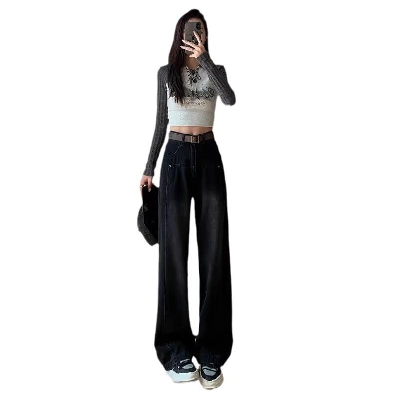 Women's High-Waist Straight Loose Jeans, Small Wide-Leg Mopping Style for Spring, Autumn, Winter 2024