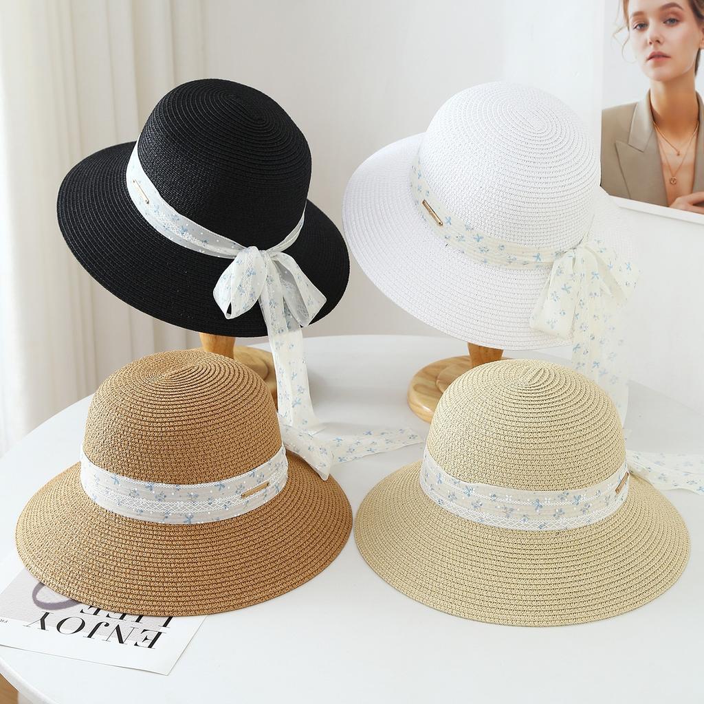 Sunscreen bucket hat women's ribbon bow straw hat sun hat sun hat big brim straw hat seaside beach hat