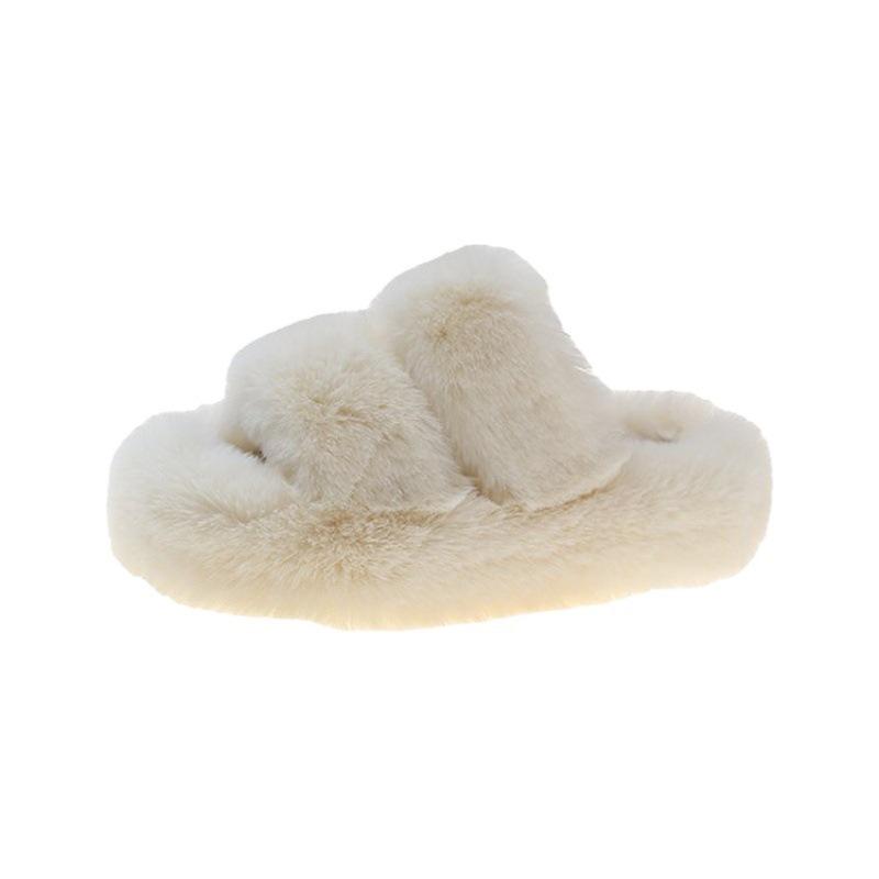 Dámské chlupaté pantofle: 2025 Nová podzimní/zimní móda, Plyšové nadýchané outdoorové boty na silné podrážce