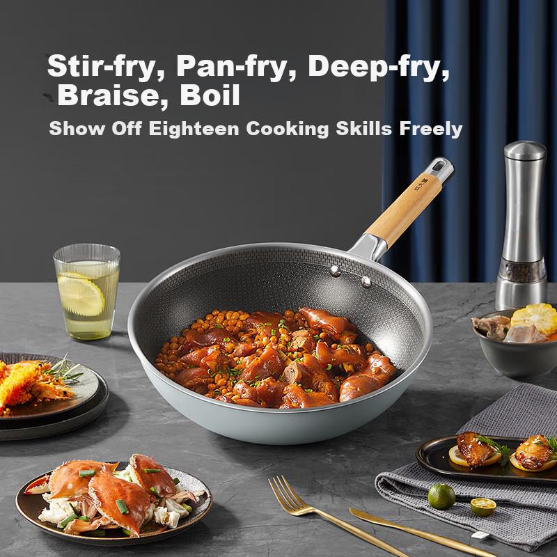 COOKER KING Wok, 316L Stainless Steel Frying Pan, Non-Stick Flat Bottom Stir-Fry Pan 32cm, Visible Lid, Suitable for All Stoves