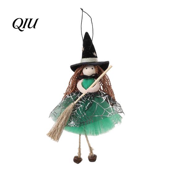 Scary Witch Doll Halloween with Broom, Small Hanging Figurine Cool Accessory Gauze Skirt for Haunted House, Door Window Decor Home Decoration