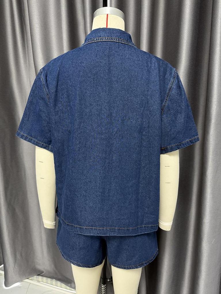 2025 Retro Lässiges Denim Kurzarmhemd & Shorts Set - Damen Frühling/Sommer