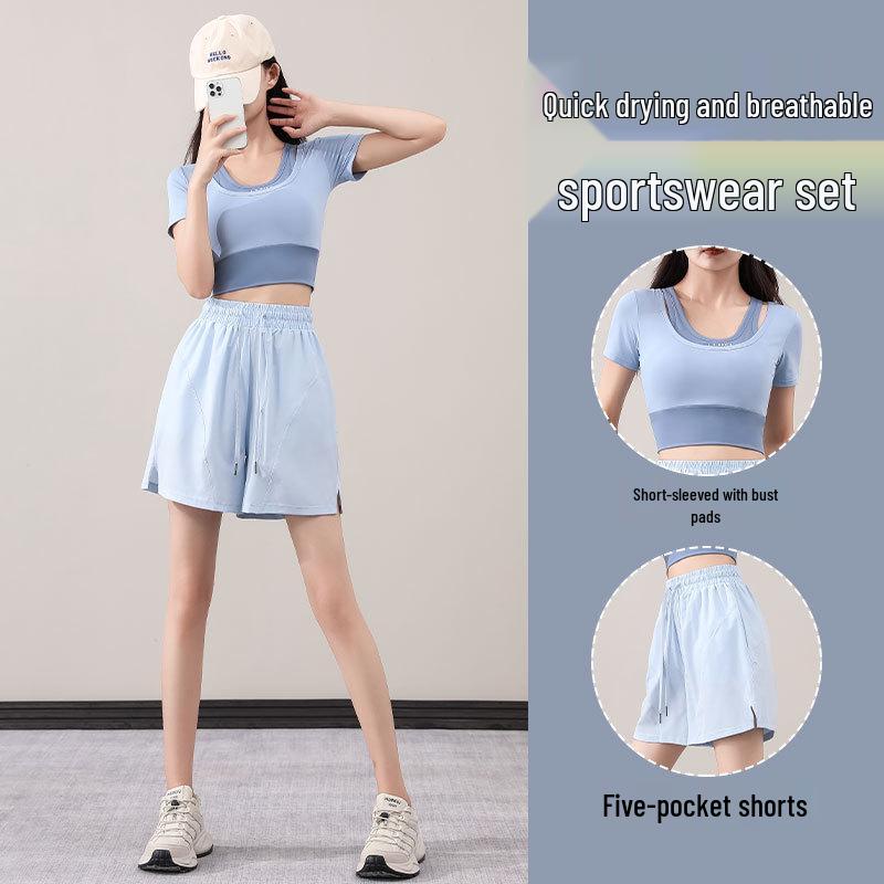 Women's Summer 2025 Fashion Quick-Dry Yoga Set: Loose Five-Point Pants & Short Sleeve Top