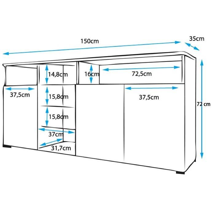 3-Door Buffet Cabinet | 3 Glass Shelves | LED | 150 X 72 X 35 Cm | White Color with Glossy Finish | Clark
