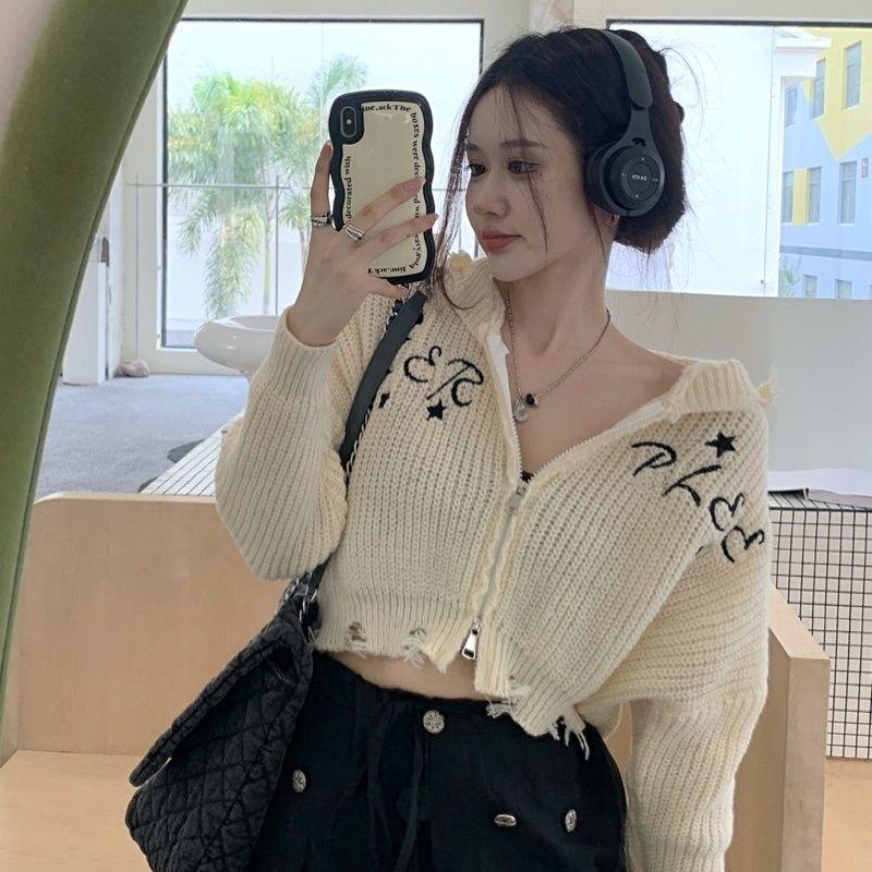 

Винтаж Y2K укороченный кардиган женский Harajuku Kpop ажурный вязаный свитер корейская мода трикотаж на молнии топы гранж S
