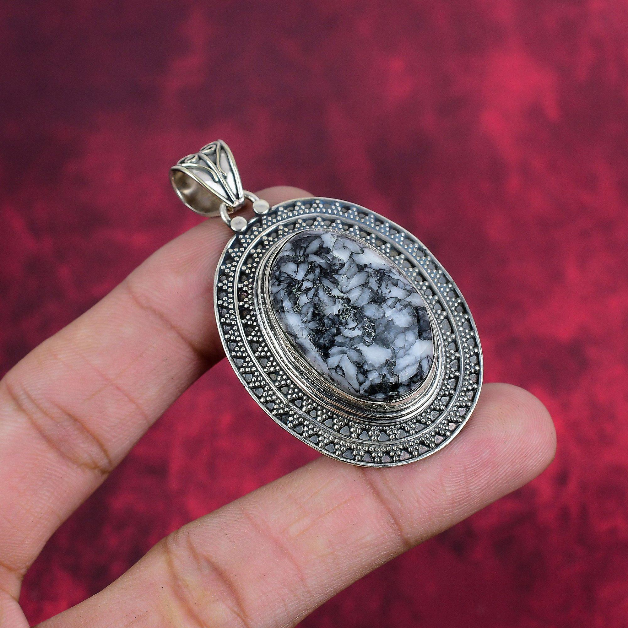 

Великолепные ювелирные изделия из стерлингового серебра 925 пробы с драгоценными камнями Pinolith, подвесные украшения ручной работы, новые дизайнерские украшения для свадебного подарка 2.24 Inches серый