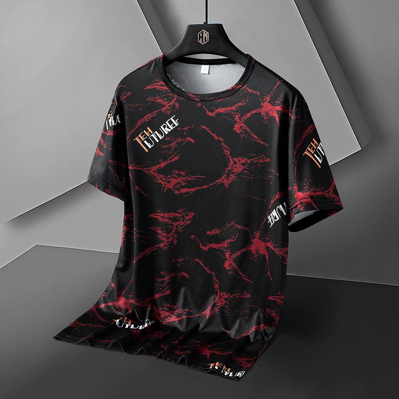 Sommer Eis-Seide T-Shirts Übergroße Geometrischer Grafikdruck Tees Weiche Atmungsaktive Kühle Oberteile Herren O-Ausschnitt Kurzarm Lässige Hemden