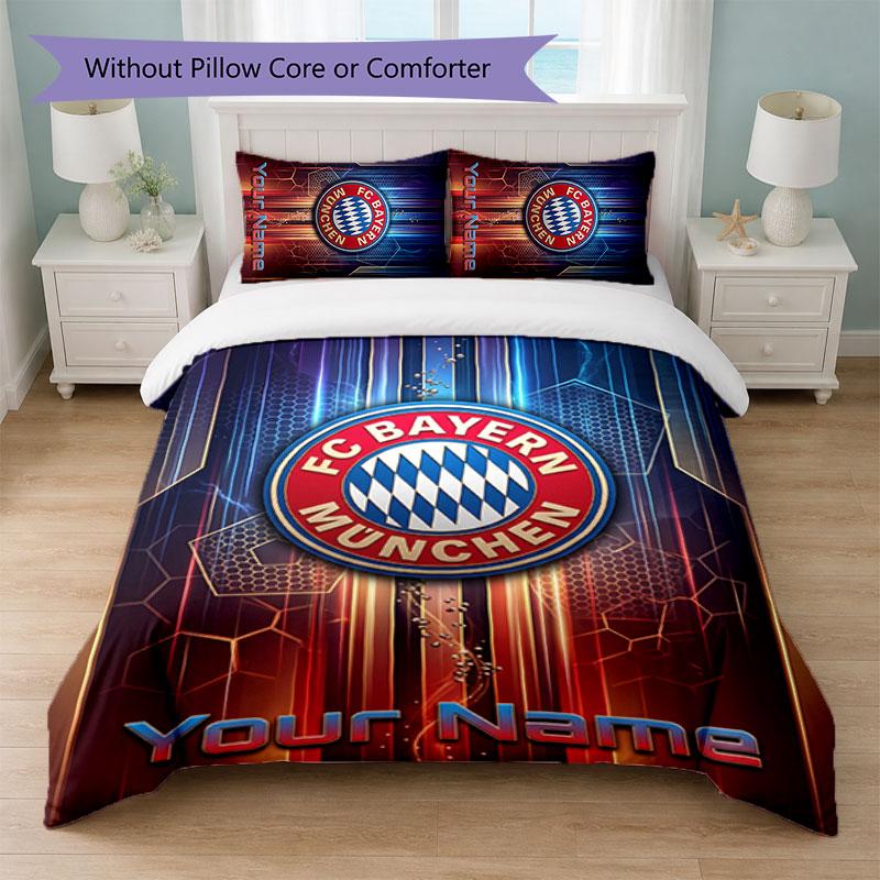 Bayern Munich Custom Name Text Bedding Set 1 Duvet Cover+2 Pillowcases Soccer Logo Personalized Gift For Special Occasion Bedroom Decor