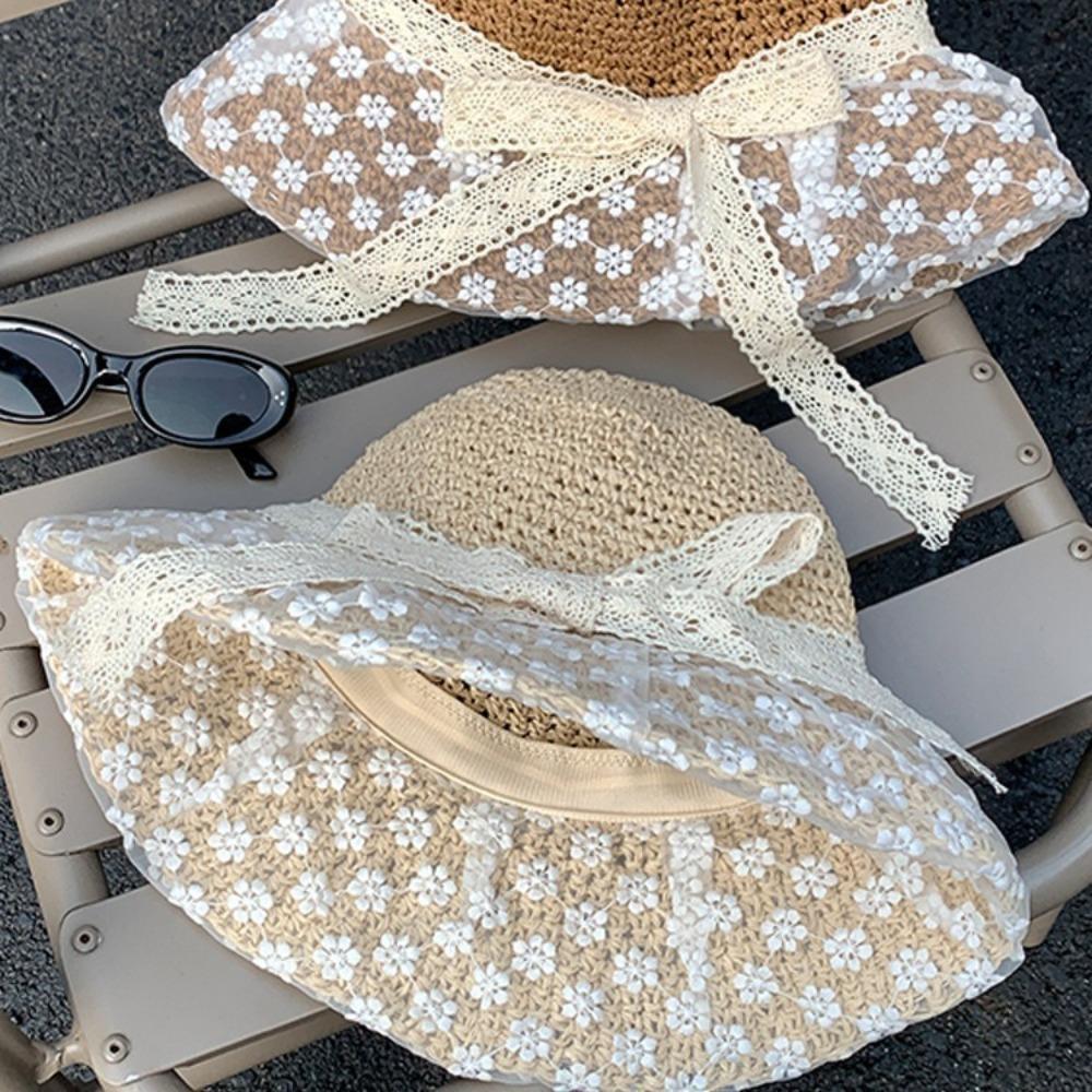Crochet Bow Straw Hat Lace Beach Fisherman Hat Elegant Sunscreen Bucket Hat  Summer